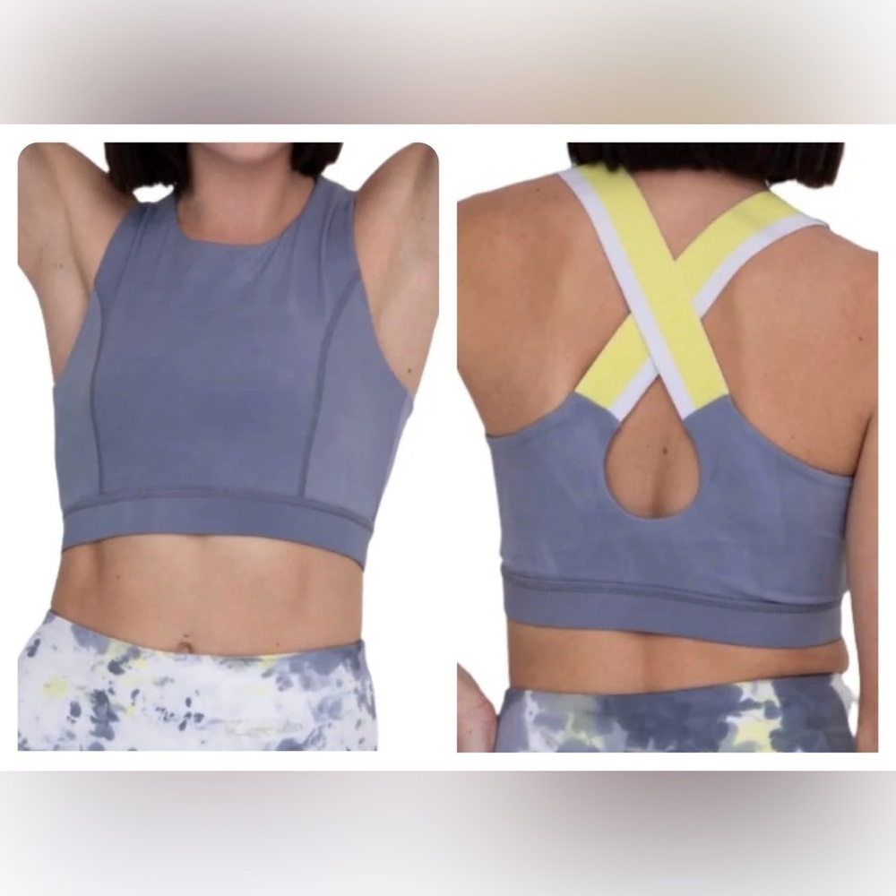 NWT Mono B Sports Bra Criss Cross Back Gray Yellow Small